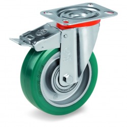 Roulette Polyuréthane vert GREEN-SOFT® pivotante à frein diamètre 100 mm à platine - 200 Kg