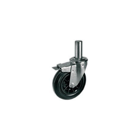 Roulette pivotante à frein caoutchouc noir diamètre 100 mm TIGE LISSE  Ø 22 - 70 Kg