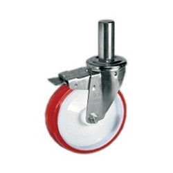 Roulette pivotante à frein polyuréthane rouge diamètre 125 mm TIGE LISSE  Ø 22 - 170 Kg