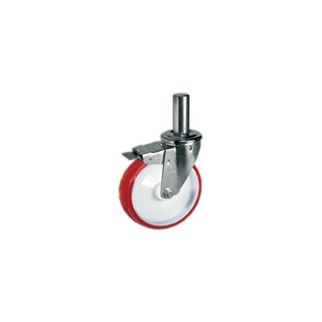 Roulette pivotante à frein polyuréthane rouge diamètre 125 mm TIGE LISSE  Ø 22 - 170 Kg