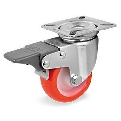 Roulette polyuréthane rouge pivotante frein diamètre 50mm fixation à platine