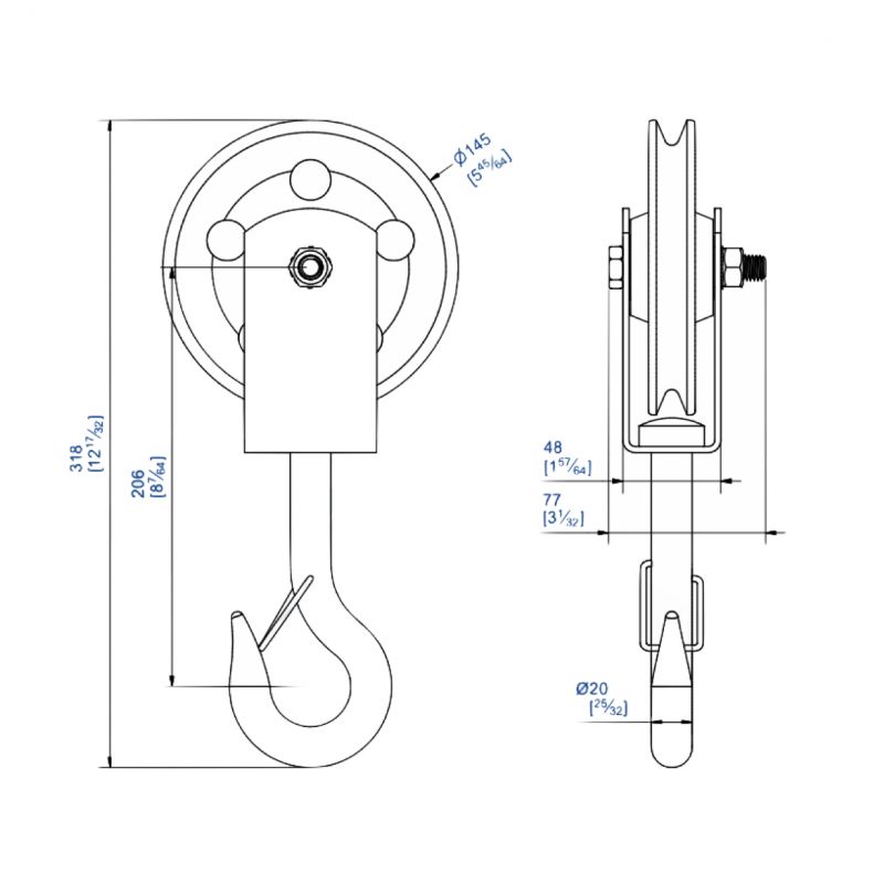 Poulie de mouflage avec galet en fonte Ø extérieur 145 mm, Ø fond