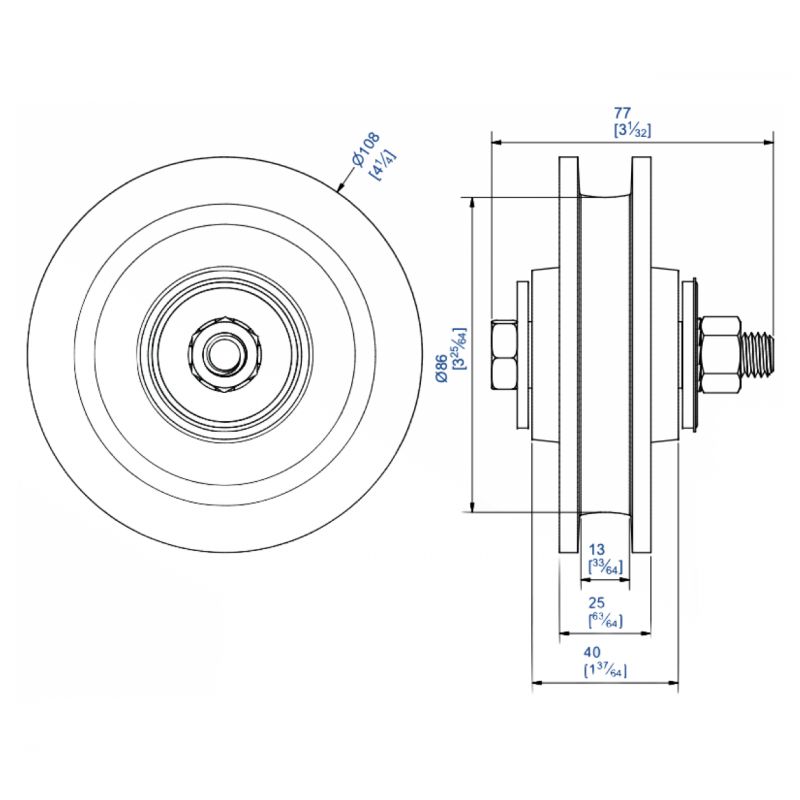 Galet de roulement avec essieux pour portes - en fonte grise - à rainure  angulaire en forme de U - avec roulement à rouleaux - Ø du galet 60 à 160  mm - capacité de charge 30 à 175 kg