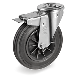 Roulette pivotante à frein, diamètre 80 fixation à trou central ( oeil ) ,caoutchouc noir, charge 50 Kg