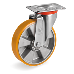 Roulette pivotante, roue diamètre 125 fixation à platine ,polyuréthane , charge 200 Kg
