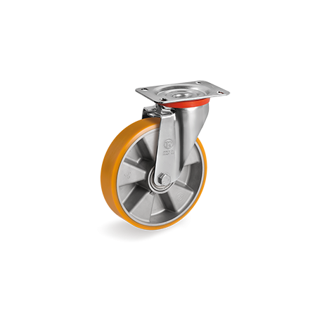 Roulette pivotante, roue diamètre 160 fixation à platine ,polyuréthane , charge 500 Kg