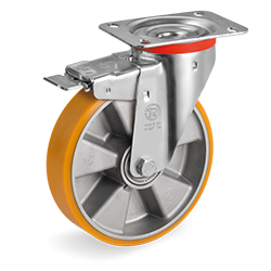Roulette pivotante à frein, roue diamètre 200 fixation à platine ,polyuréthane , charge 350 Kg