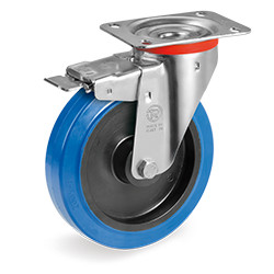 Roulette caoutchouc bleu élastique pivotante à frein diamètre 80 mm fixation à platine