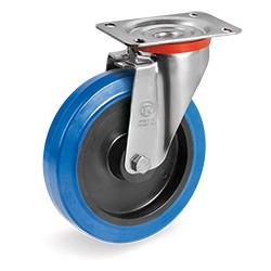 Roulette caoutchouc bleu élastique pivotante diamètre 160 mm fixation à platine avec roulement à billes