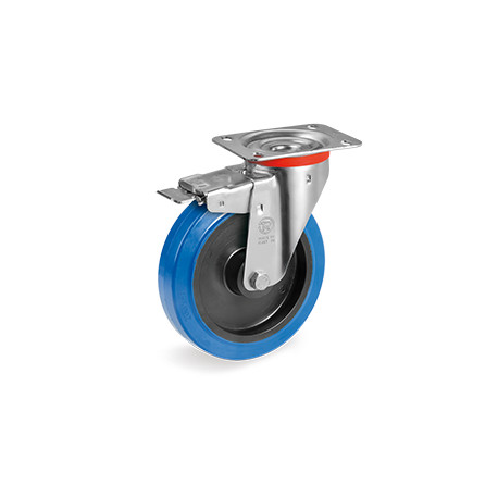 Roulette caoutchouc bleu élastique pivotante à frein diamètre 160 mm fixation à platine avec roulement à billes