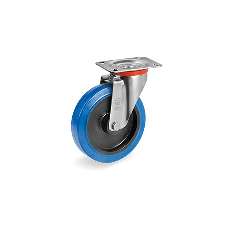 Roulette caoutchouc bleu élastique pivotante diamètre 250 mm fixation à platine avec roulement à billes