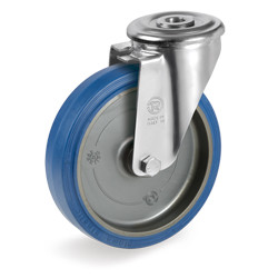 Roulette caoutchouc bleu élastique pivotante diamètre 80 mm fixation à oeil
