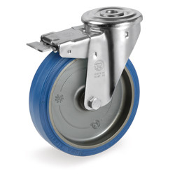 Roulette caoutchouc bleu élastique pivotante à frein diamètre 100 mm fixation à oeil