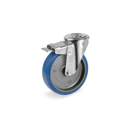 Roulette caoutchouc bleu élastique pivotante à frein diamètre 100 mm fixation à oeil