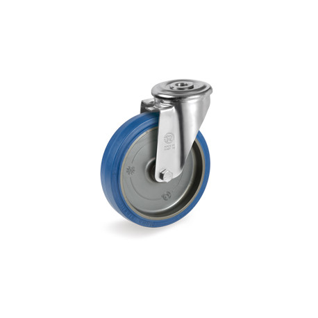 Roulette caoutchouc bleu élastique pivotante diamètre 125 mm fixation à oeil