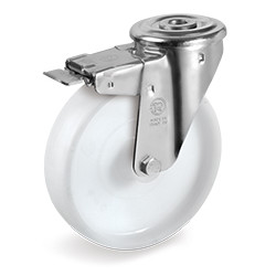 Roulette pivotante à frein, diamètre 100 fixation à trou central ( oeil ), polyamide, charge 150 Kg