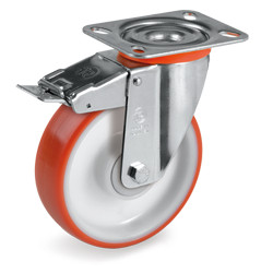 Roulette polyuréthane rouge pivotante à frein diamètre 80 mm roulement billes à platine - 130 Kg