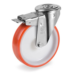 Roulette polyuréthane rouge pivotante à frein diamètre 80 mm à oeil - 120 Kg