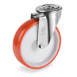 Roulette polyuréthane rouge pivotante à frein diamètre 150 mm à oeil - 300 Kg