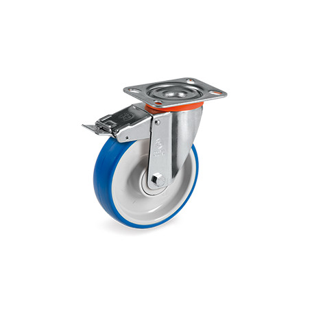 Roulette polyuréthane BLEU-SOFT® pivotante à frein diamètre 100 mm roulement à billes - 120 Kg