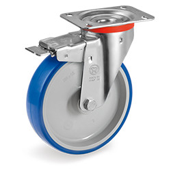 Roulette polyuréthane BLEU-SOFT® pivotante à frein diamètre 125 mm - 180 Kg