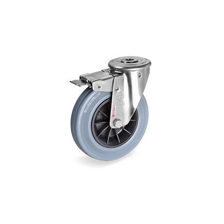 Rouletteà oeil INOX caoutchouc gris pivotante à frein diamètre 125 mm - 110 Kg