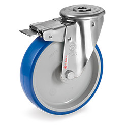 Roulette à oeil INOX polyuréthane BLEU-SOFT® pivotante à frein diamètre 200 mm - 300 Kg
