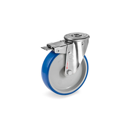 Roulette à oeil INOX polyuréthane BLEU-SOFT® pivotante à frein diamètre 125 mm - 180 Kg