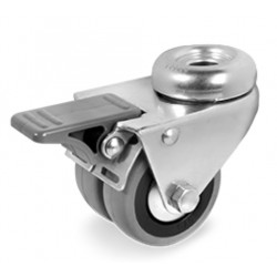 Roulette à oeil jumelée caoutchouc gris pivotante à frein diamètre 50 mm roulement à billes - 60 Kg