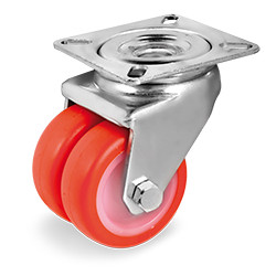 Roulette jumelée polyuréthane rouge pivotante diamètre 50 mm - 140 Kg