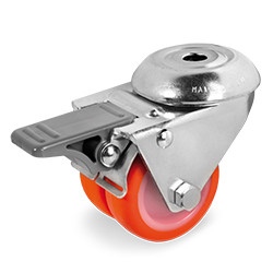 Roulette à oeil jumelée polyuréthane rouge pivotante à frein diamètre 50 mm - 140 Kg