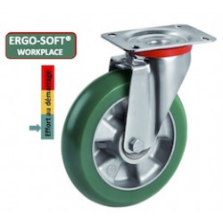 Roulette Polyuréthane vert ERGO-SOFT® pivotante diamètre 125 mm à platine - 220 Kg