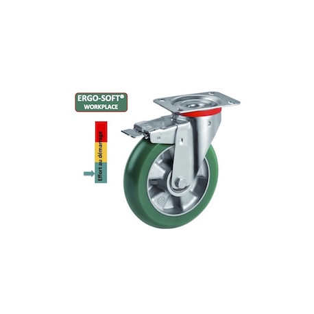 Roulette Polyuréthane vert ERGO-SOFT® pivotante à frein diamètre 125 mm à platine - 220 Kg
