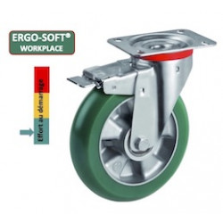 Roulette Polyuréthane vert ERGO-SOFT® pivotante à frein diamètre 160 mm à platine - 500 Kg
