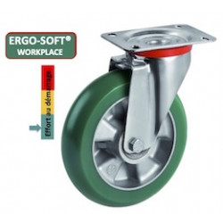 Roulette Polyuréthane vert ERGO-SOFT® pivotante diamètre 160 mm à platine - 500 Kg