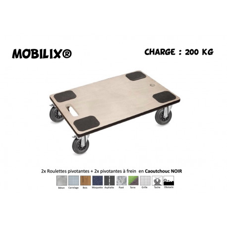 BOY MOBILIX® 600x400 Roulettes 2x Pivotantes + 2 x pivotantes à frein Caoutchouc NOIR - 200 Kg