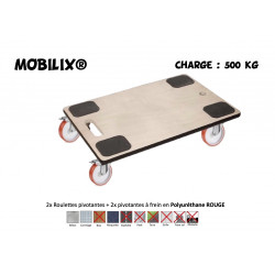 BOY MOBILIX® 600x400 Roulettes 2x Pivotantes + 2 x pivotantes à frein Polyuréthane ROUGE - 500 Kg