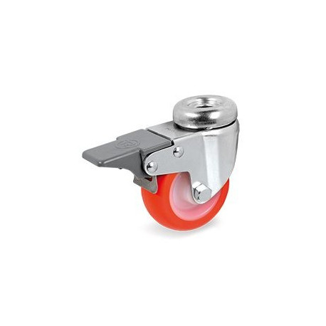 Roulette à oeil polyuréthane rouge pivotante à frein diamètre 60 mm - 70 Kg